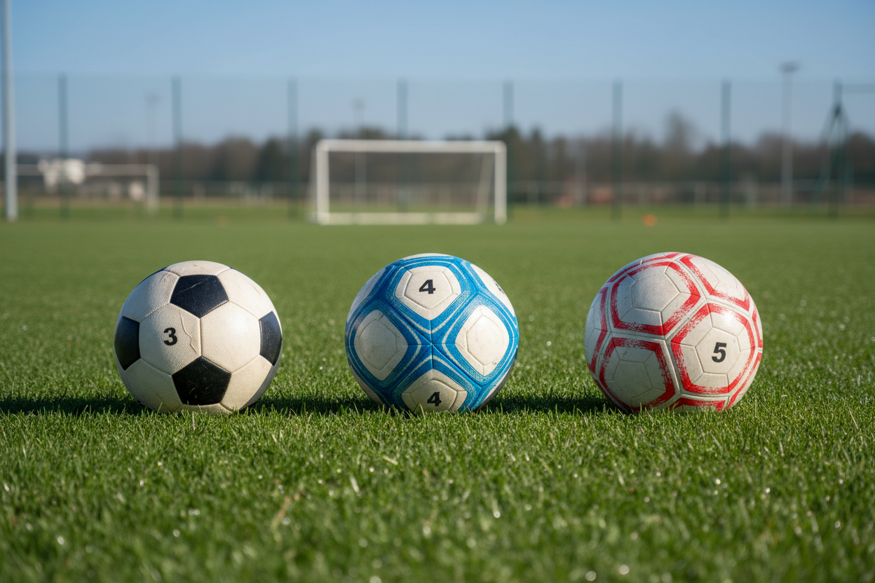 Three different sizes of youth soccer balls (Size 3, 4, 5) arranged in a row on green grass, bright daylight.
