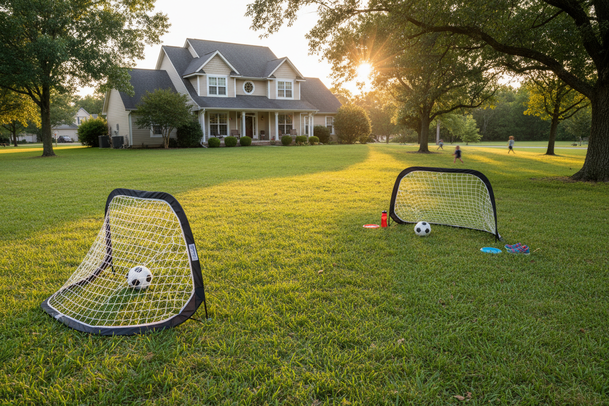 Two small soccer goals for kids backyard, pop-up style with white netting and black frames, placed on a lush green lawn, suburban home background, inviting and fun atmosphere. Two small soccer goals for kids backyard, pop-up style with white netting and black frames, placed on a lush green lawn, suburban home background, inviting and fun atmosphere.