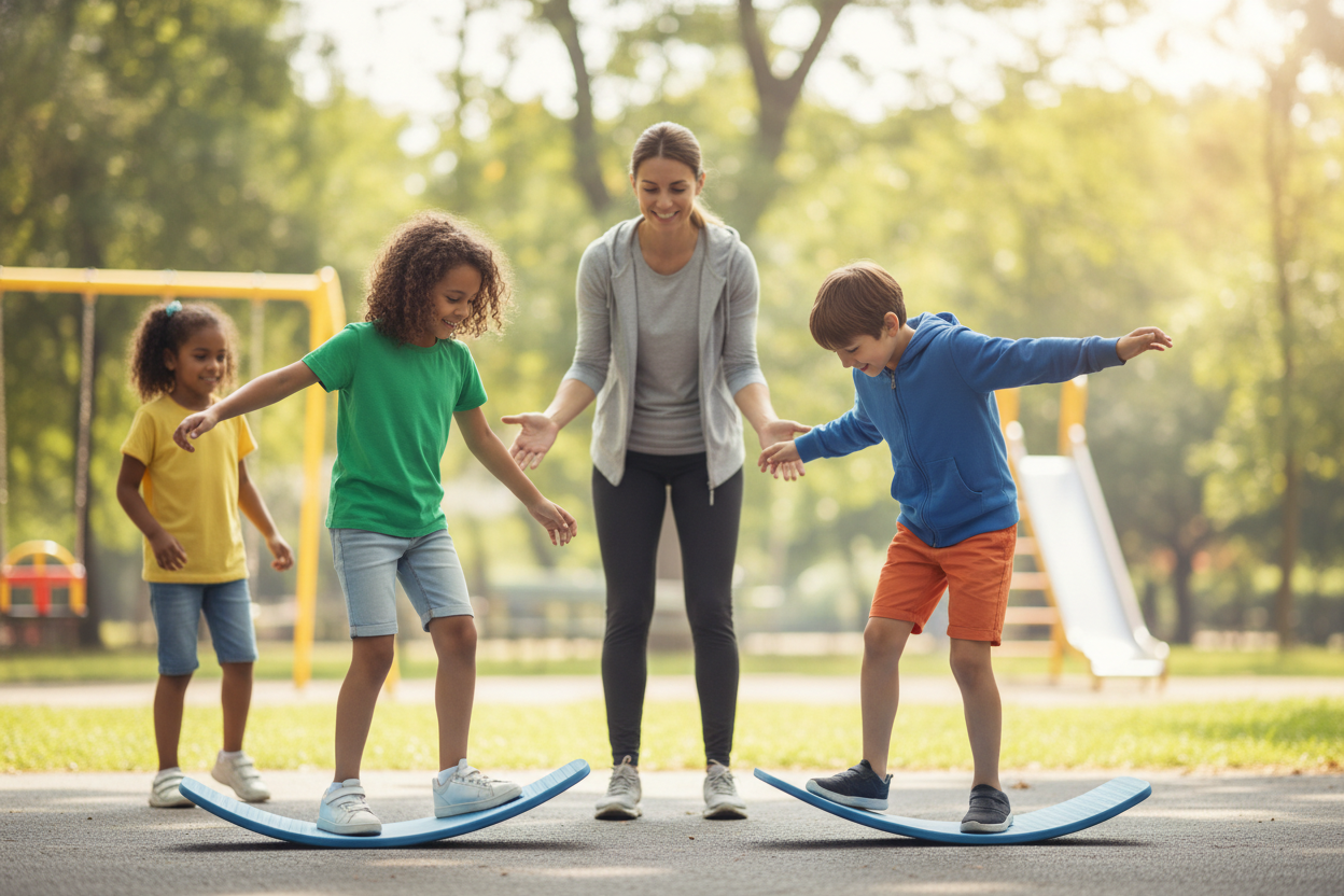 A colorful and engaging illustration depicting common mistakes to avoid during balance training for kids. In the foreground, show a group of smiling children aged 7-10 engaging with a balance board in a safe, supervised play environment. They wear modest, casual sports clothes. One child is losing balance, showcasing poor foot placement, while another is leaning too far forward. In the middle ground, include a parent or coach observing and providing guidance, emphasizing a supportive atmosphere. The background features a sunny park setting with soft greenery and playful equipment. Use soft colors and natural lighting to create an inviting, cheerful mood, with a slight focus on the children to highlight their actions. No text or logos present. A colorful and engaging illustration depicting common mistakes to avoid during balance training for kids. In the foreground, show a group of smiling children aged 7-10 engaging with a balance board in a safe, supervised play environment. They wear modest, casual sports clothes. One child is losing balance, showcasing poor foot placement, while another is leaning too far forward. In the middle ground, include a parent or coach observing and providing guidance, emphasizing a supportive atmosphere. The background features a sunny park setting with soft greenery and playful equipment. Use soft colors and natural lighting to create an inviting, cheerful mood, with a slight focus on the children to highlight their actions. No text or logos present.