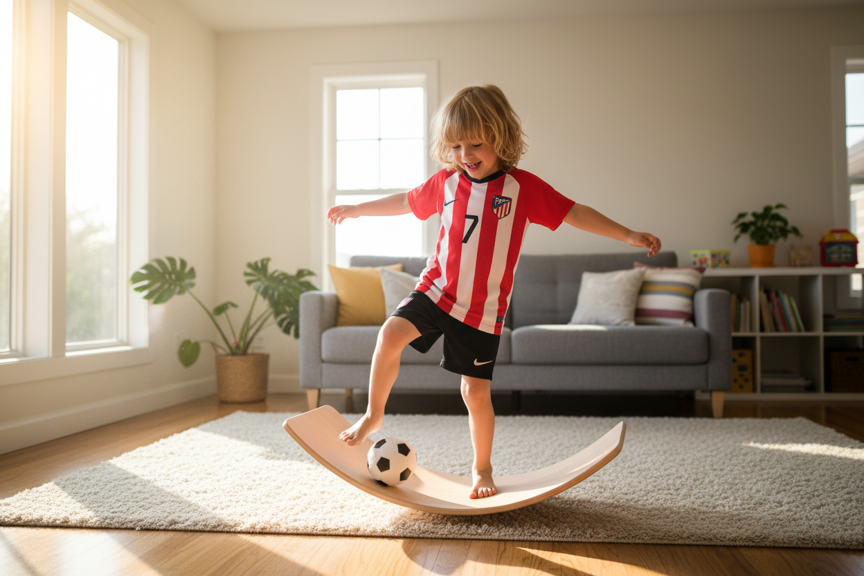 A high-quality photo of a happy young child wearing a soccer jersey, practicing on a wooden balance board in a brightly lit living room, natural sunlight, realistic style. A high-quality photo of a happy young child wearing a soccer jersey, practicing on a wooden balance board in a brightly lit living room, natural sunlight, realistic style.
