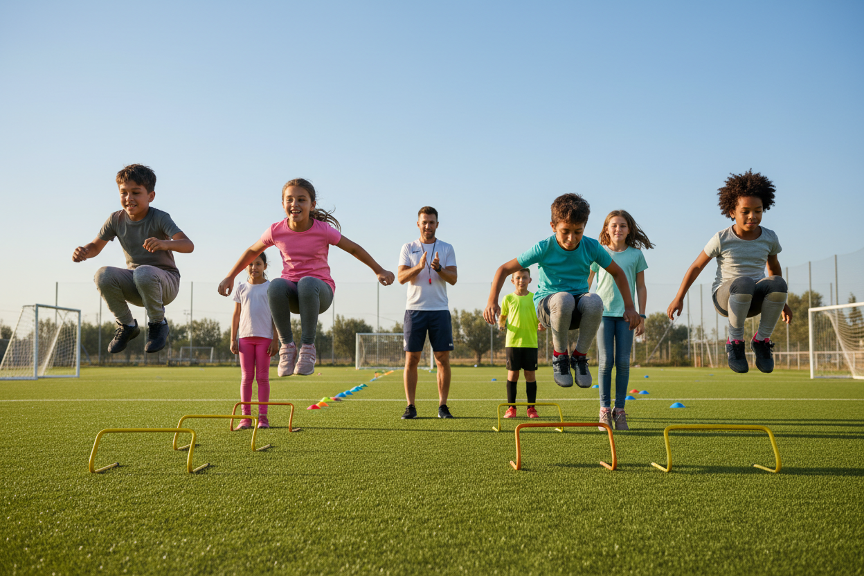 A sunny outdoor soccer training field filled with young kids in modest athletic wear, engaging in soccer jump training exercises. In the foreground, a diverse group of smiling children, both boys and girls, are performing various jumps, like tuck jumps and lateral hops, showcasing their enthusiasm and energy. The middle ground features a coach encouraging the kids, emphasizing a supportive atmosphere. The background captures a green soccer field with goalposts and cones set up for drills under a clear blue sky. Soft, warm lighting enhances the cheerful mood, creating an inviting scene of friendship, teamwork, and active learning. A sunny outdoor soccer training field filled with young kids in modest athletic wear, engaging in soccer jump training exercises. In the foreground, a diverse group of smiling children, both boys and girls, are performing various jumps, like tuck jumps and lateral hops, showcasing their enthusiasm and energy. The middle ground features a coach encouraging the kids, emphasizing a supportive atmosphere. The background captures a green soccer field with goalposts and cones set up for drills under a clear blue sky. Soft, warm lighting enhances the cheerful mood, creating an inviting scene of friendship, teamwork, and active learning.