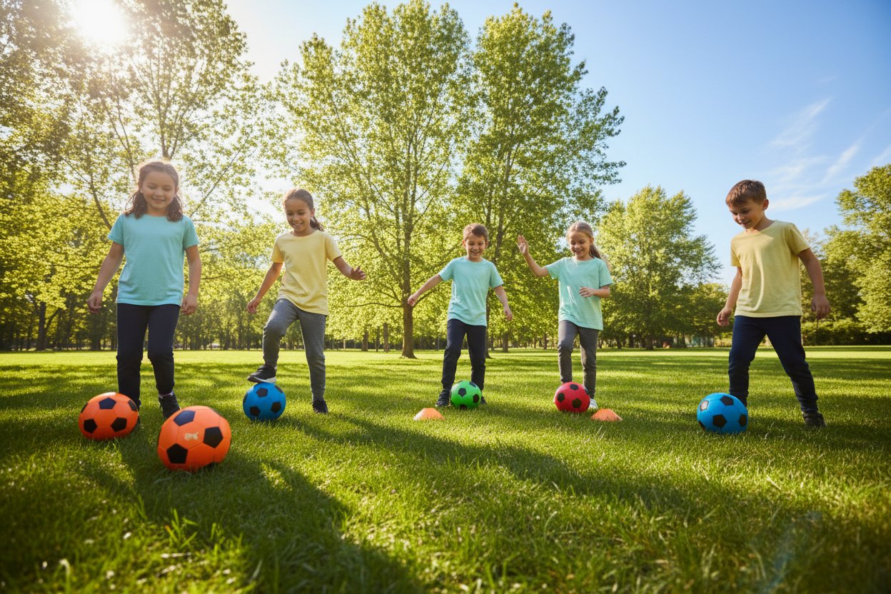A vibrant outdoor scene depicting children practicing soccer ball control drills in a safe, grassy park setting. In the foreground, a diverse group of smiling kids, aged around 8-10 years, are focused on kicking and dribbling colorful soccer balls. They are wearing modest, casual athletic clothing in soft colors. In the middle, a few kids are engaged in various drills, like toe-touches and dribbling cones, demonstrating teamwork and laughter. In the background, tall trees and a blue sky create a cheerful atmosphere, with soft sunlight filtering through leaves. The angle captures a slight upward view, enhancing the joyful mood while highlighting the kids’ movements. The overall composition feels warm, encouraging, and energetic, perfect for inspiring safe outdoor play.
