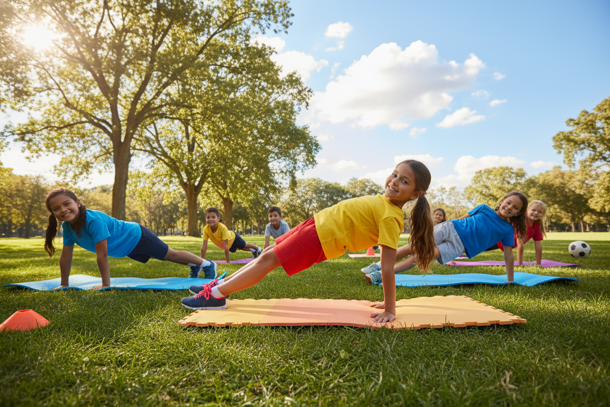 A vibrant outdoor scene depicting young players engaging in core stability exercises. In the foreground, a diverse group of smiling children, aged around 8-12, in modest athletic wear, are performing exercises such as planks and bridge lifts on colorful exercise mats. In the middle ground, a grassy area with soft sunlight filtering through the trees, creating a tranquil and inviting atmosphere. The background features a bright blue sky with fluffy white clouds, and a few playful elements like a soccer ball and cones scattered around, emphasizing a safe play environment. The scene is well-lit with a warm, cheerful tone, captured from a low angle to emphasize the children's commitment and enjoyment.