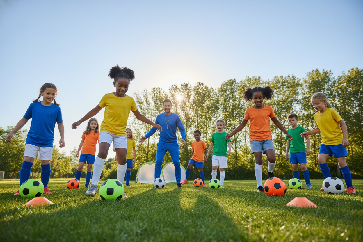 A vibrant soccer field scene featuring a group of children aged 8-9 practicing soccer drills. In the foreground, a diverse group of smiling kids in colorful, modest athletic gear is engaged in dribbling exercises, with some practicing passing techniques. The middle ground showcases cones and small goals set up for the drills, while a coach provides guidance, demonstrating techniques cheerfully. In the background, green trees and a bright blue sky enhance the cheerful atmosphere, with soft sunlight illuminating the scene. The image should evoke a sense of teamwork, joy, and active engagement in a safe, playful environment, capturing the essence of family-friendly soccer training activities. The perspective is from a low angle, emphasizing the energy and enthusiasm of the young players. A vibrant soccer field scene featuring a group of children aged 8-9 practicing soccer drills. In the foreground, a diverse group of smiling kids in colorful, modest athletic gear is engaged in dribbling exercises, with some practicing passing techniques. The middle ground showcases cones and small goals set up for the drills, while a coach provides guidance, demonstrating techniques cheerfully. In the background, green trees and a bright blue sky enhance the cheerful atmosphere, with soft sunlight illuminating the scene. The image should evoke a sense of teamwork, joy, and active engagement in a safe, playful environment, capturing the essence of family-friendly soccer training activities. The perspective is from a low angle, emphasizing the energy and enthusiasm of the young players.