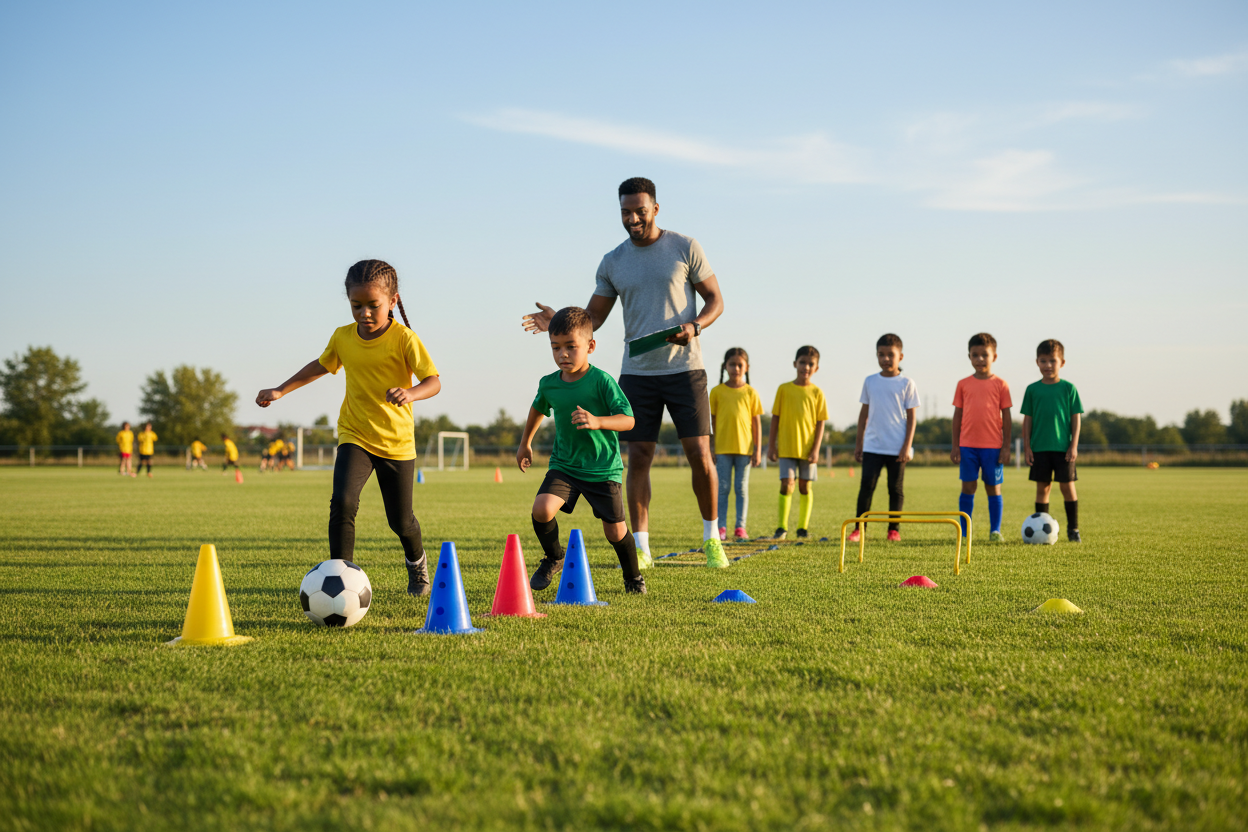 A well-organized soccer training session focused on agility drills for kids, highlighting a diverse group of young players aged 8-12, engaged in various activities. In the foreground, two children are performing cone dribbling; one is skillfully maneuvering around colorful cones while the other is ready to sprint. The middle ground features a coach providing guidance and encouragement, with a clipboard in hand, radiating positivity. In the background, a vibrant soccer field under soft, natural lighting reveals a clear blue sky and faint shadows of trees. The scene conveys a lively, encouraging atmosphere of teamwork and growth, emphasizing a safe and fun environment for children to develop their stamina and soccer skills. A well-organized soccer training session focused on agility drills for kids, highlighting a diverse group of young players aged 8-12, engaged in various activities. In the foreground, two children are performing cone dribbling; one is skillfully maneuvering around colorful cones while the other is ready to sprint. The middle ground features a coach providing guidance and encouragement, with a clipboard in hand, radiating positivity. In the background, a vibrant soccer field under soft, natural lighting reveals a clear blue sky and faint shadows of trees. The scene conveys a lively, encouraging atmosphere of teamwork and growth, emphasizing a safe and fun environment for children to develop their stamina and soccer skills.